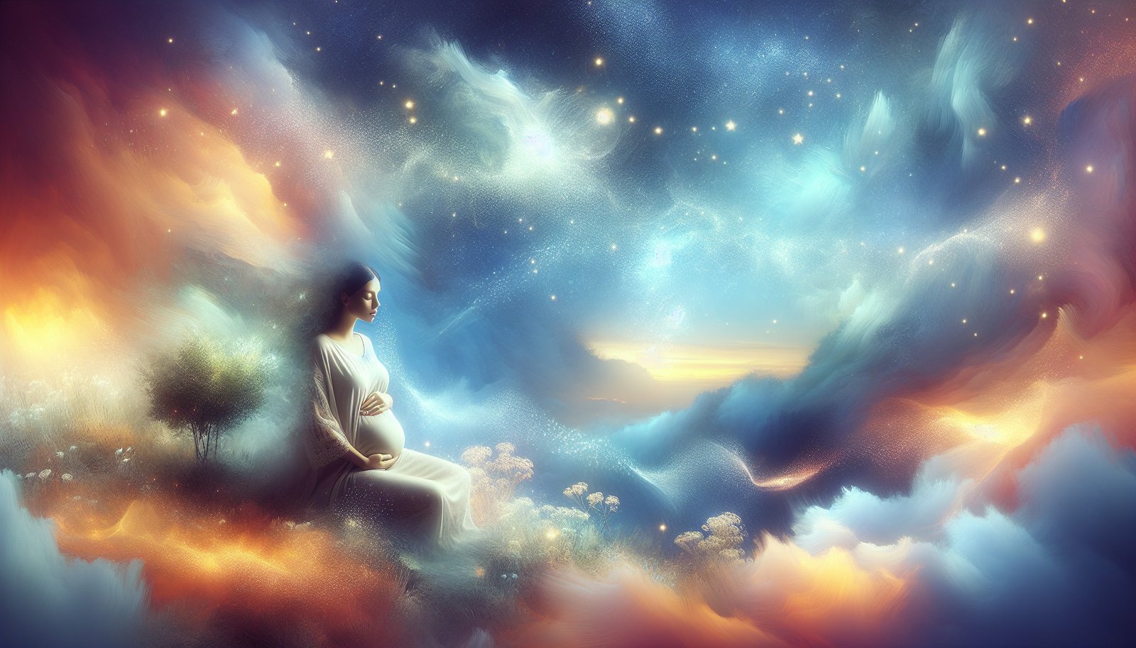 Gravid kvinne i drømmeaktig naturscenarie med stjerner.