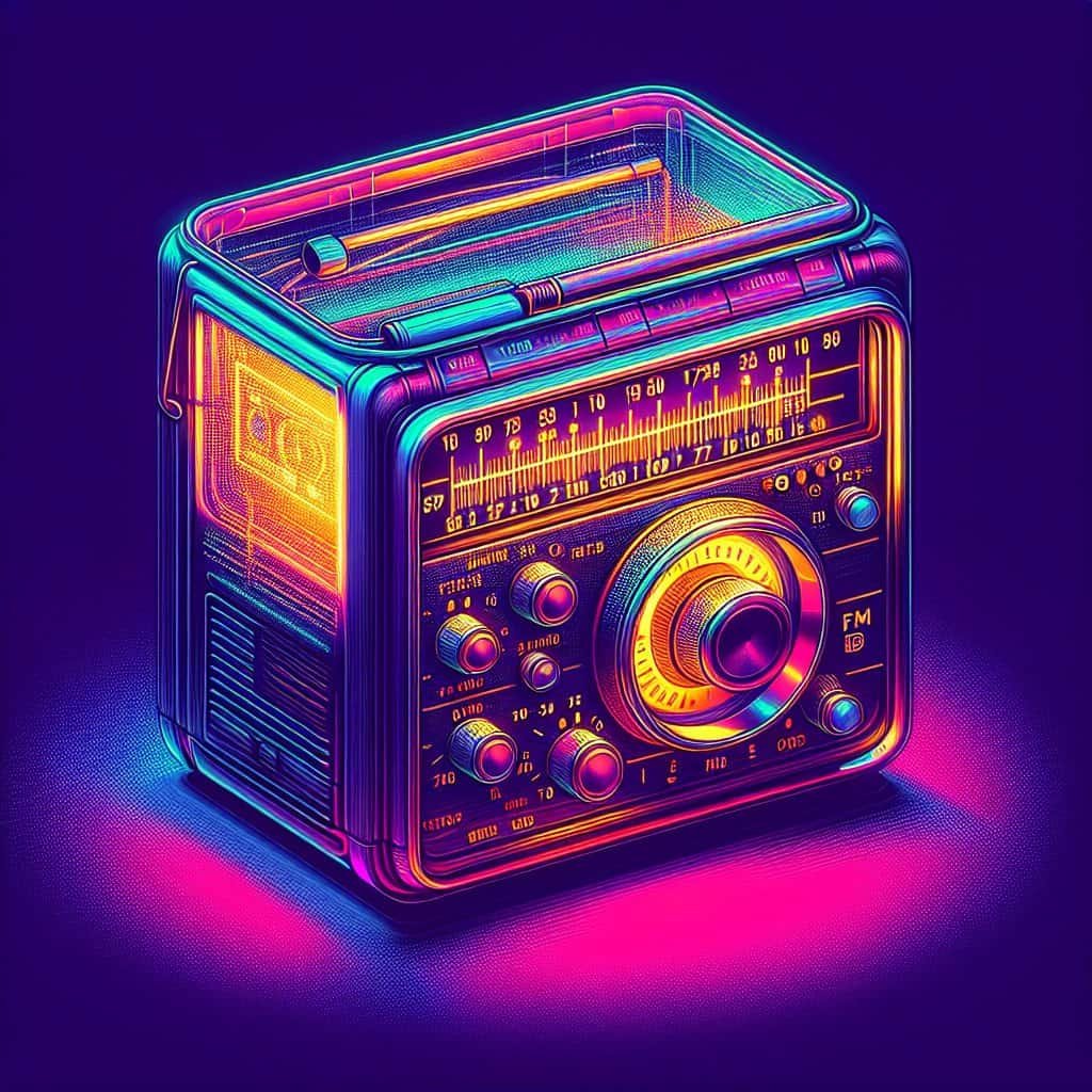 Neon fargerik retro radio med detaljer.