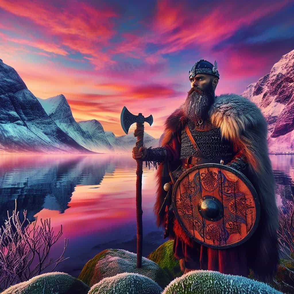 Viking ved fjord i solnedgang, fargerik himmel
