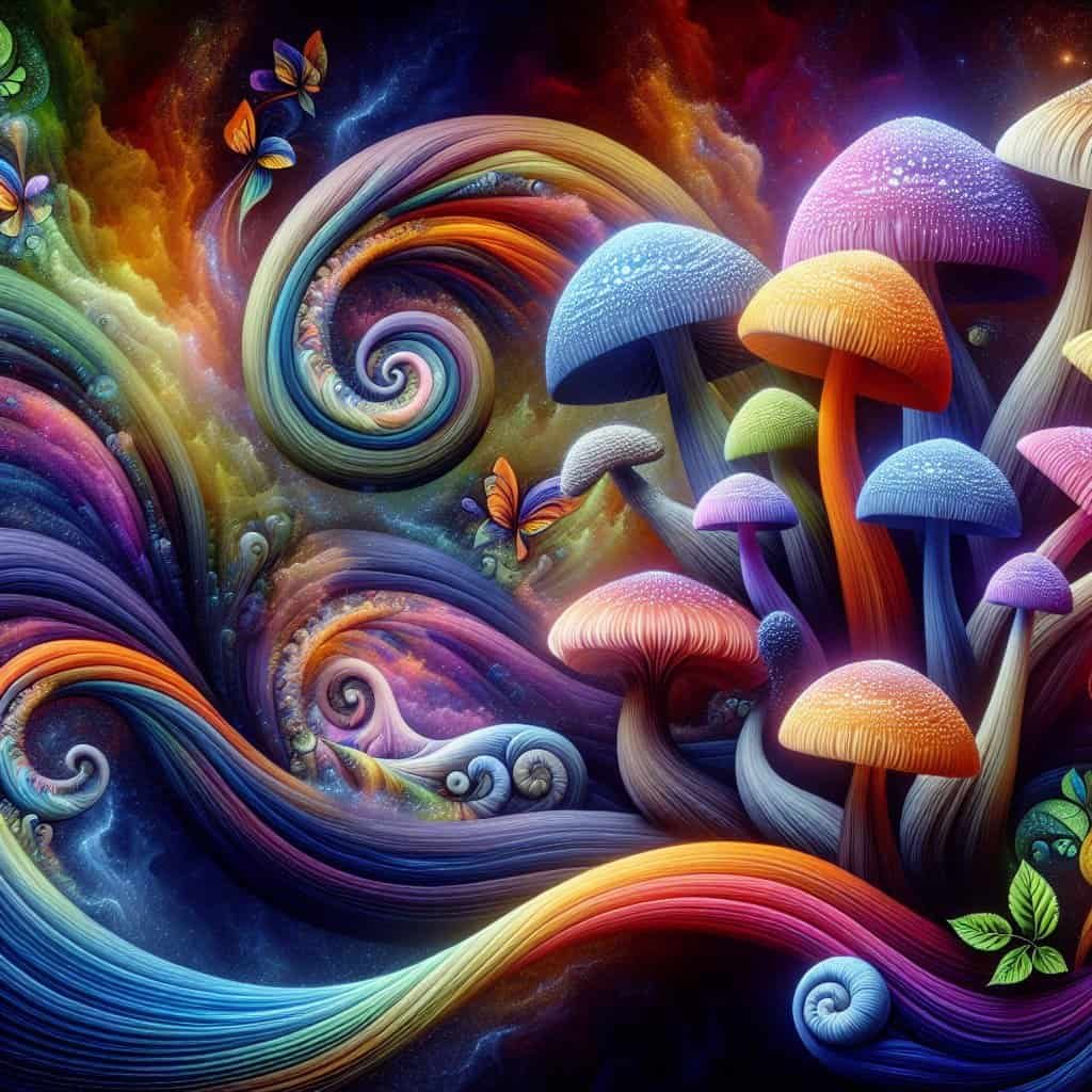 Fargerike sopp og sommerfugler i psykedelisk kunst.
