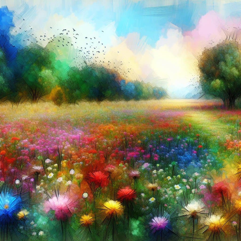 Fargerik blomstereng under en blå og skyet himmel.