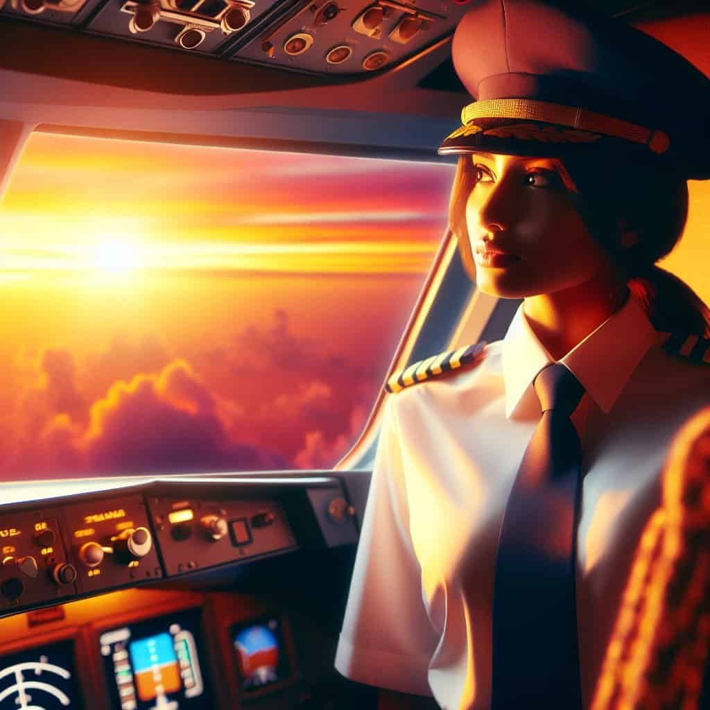 Pilot i cockpit ved solnedgang