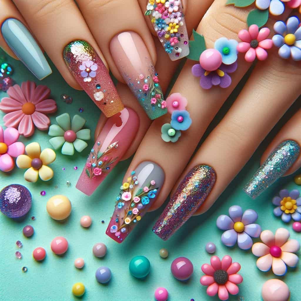 Blomstrete negledesign med fargerike perler og glitter
