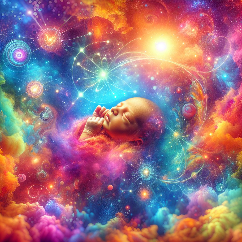 Sovende baby omringet av fargerike kosmiske skyer.