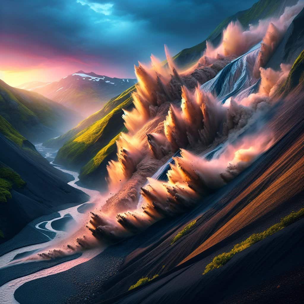 Fargerik elv i dramatisk landskap under solnedgang