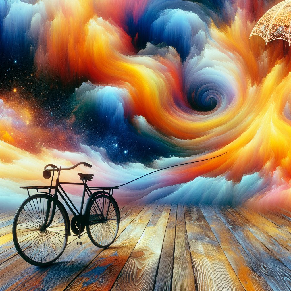 Abstrakt kunst: Sykkel, paraply og fargerik himmel