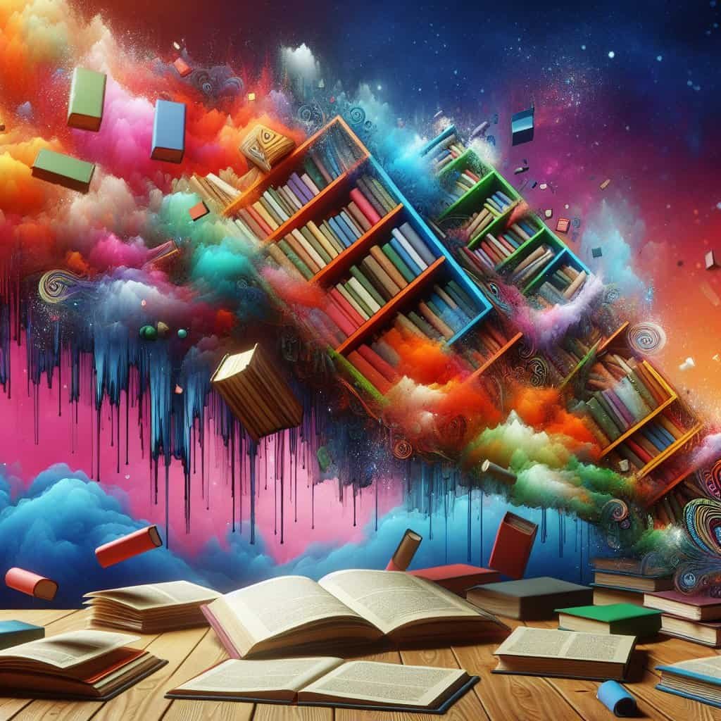 Kreativt bokhyllmotiv med svevende bøker og farger.