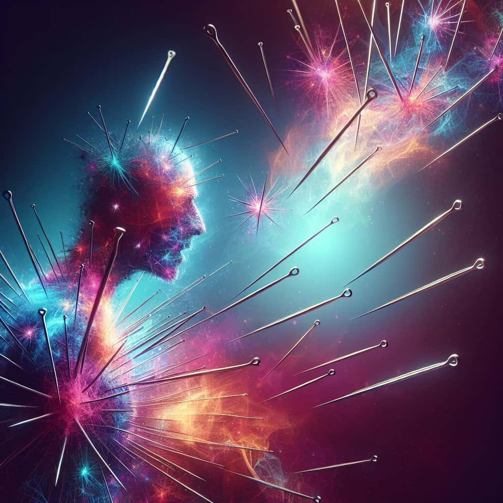 Futuristisk digital kunst med nåler og lys.