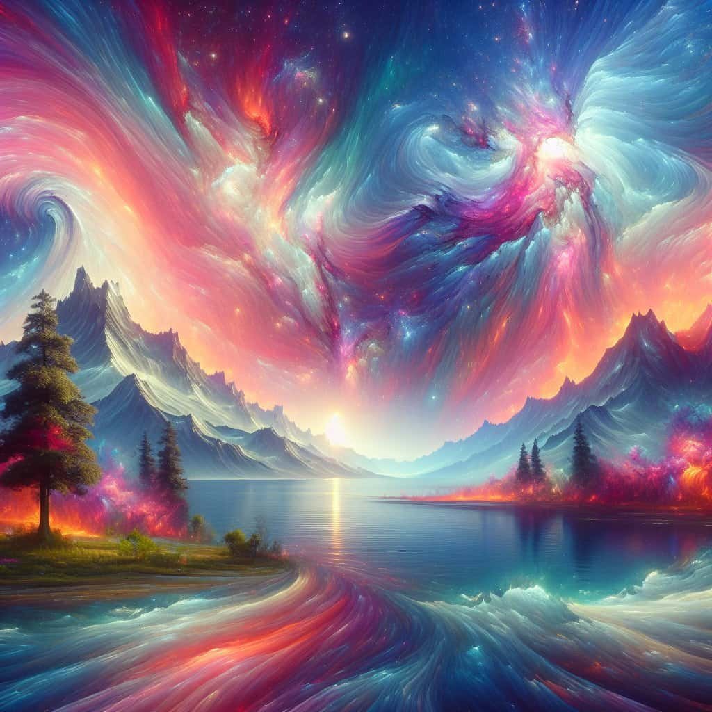 Fargerikt fantasylandskap med fjell, innsjø og stjernenatt.