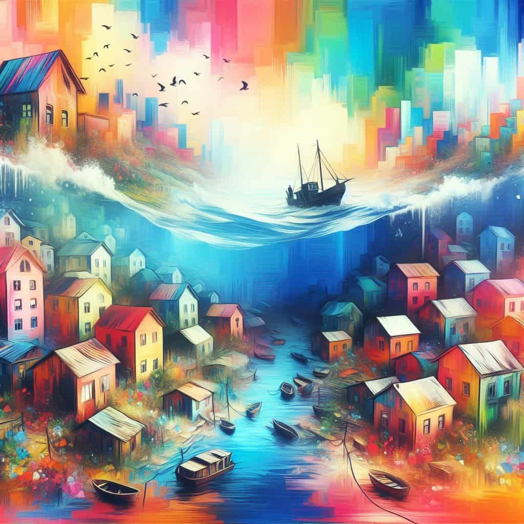 Fargerik landsby ved sjøen med båt og fugler.