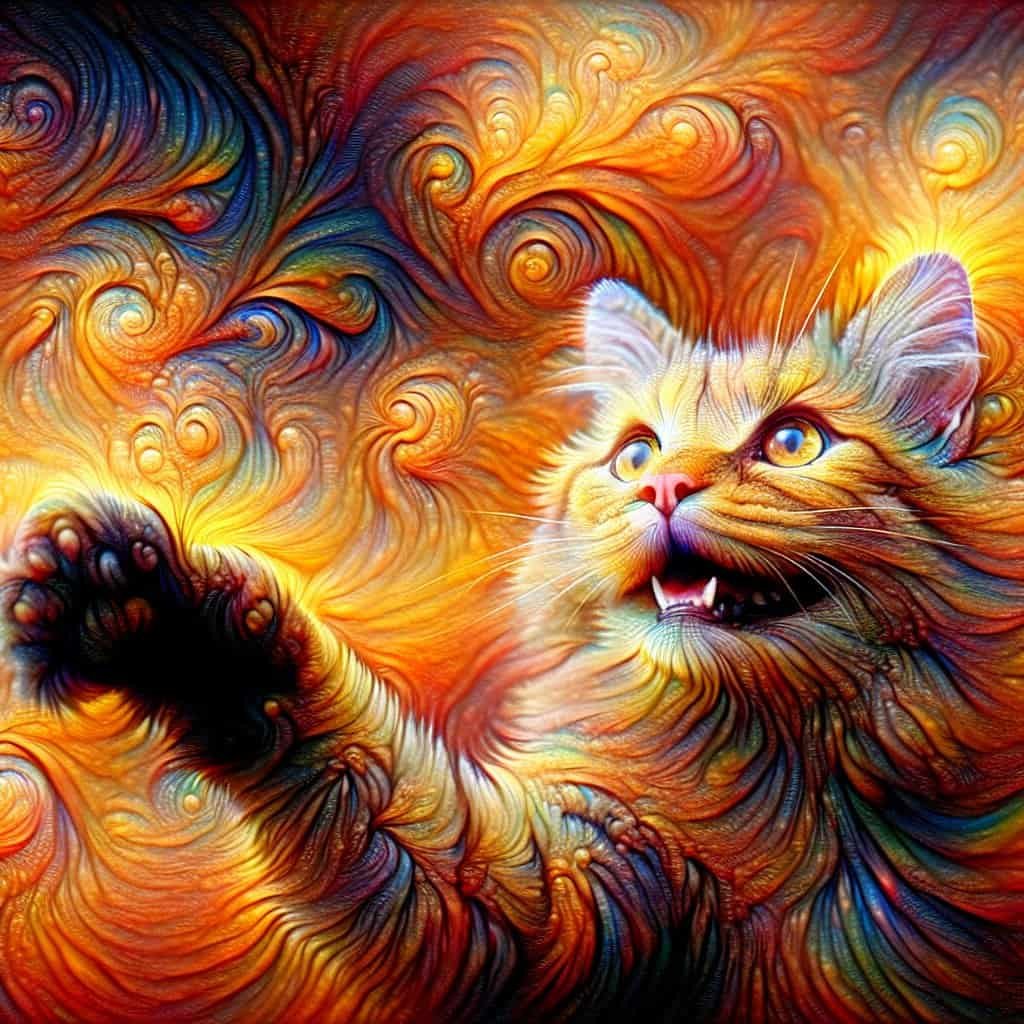 Fargerik illustrasjon av en katt i virvelmønster.