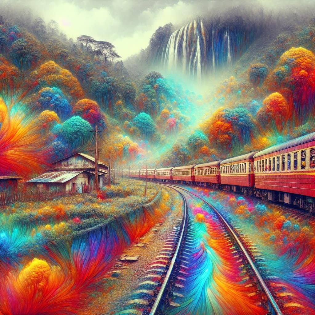 Fargerik togscene i eventyrlandskap med fossefall.