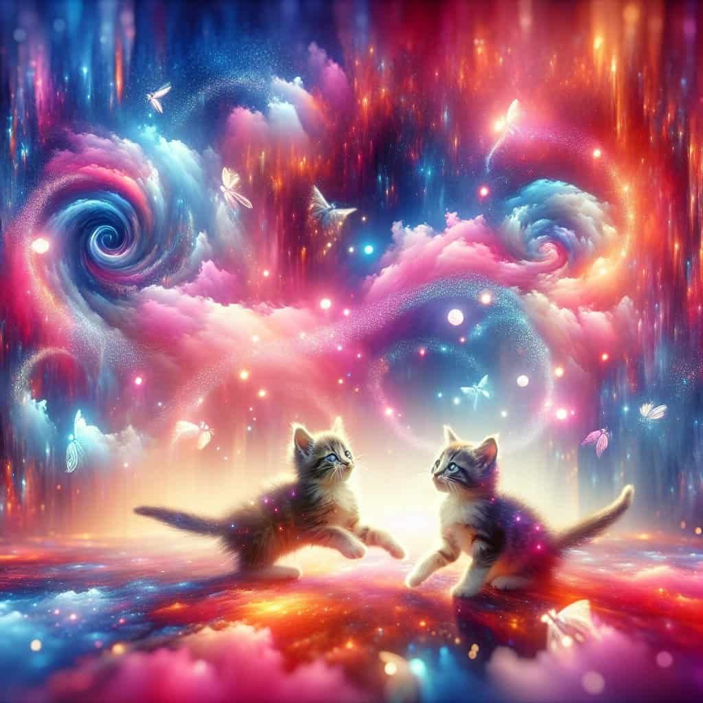 To kattunger leker i magisk drømmelandskap.