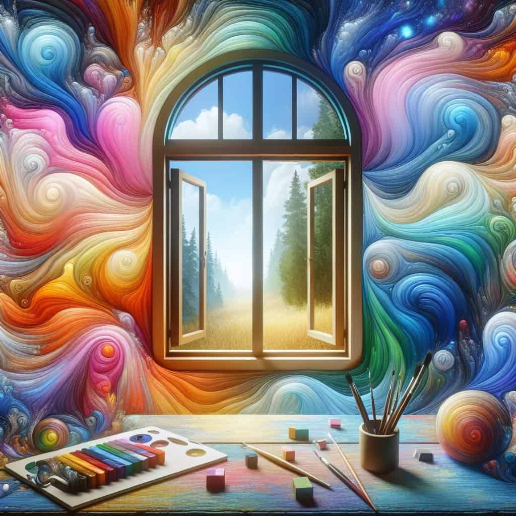 Fargerikt lerret, pensler og natur gjennom vindu.