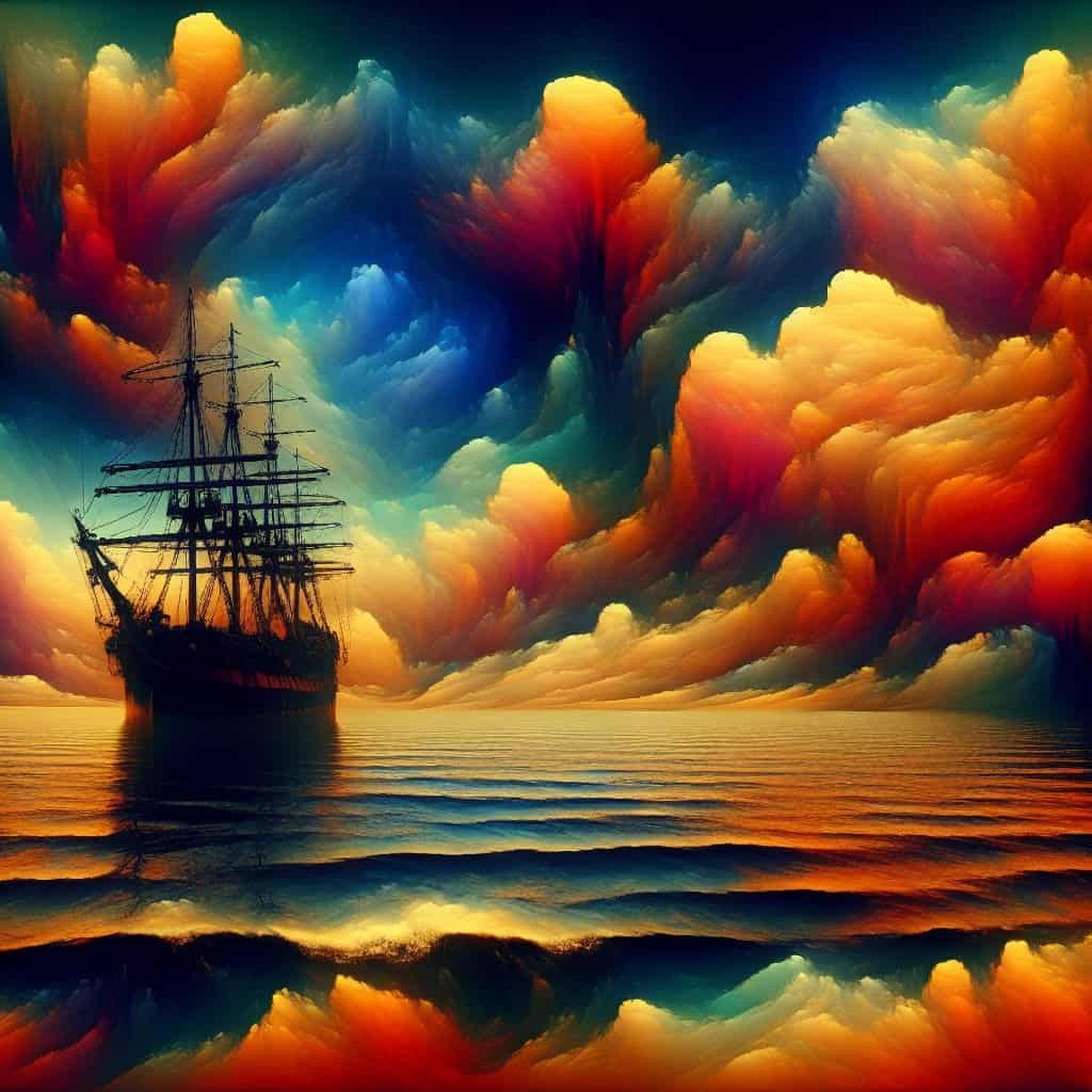 Seilskip mot fargerik himmel med dramatiske skyer.