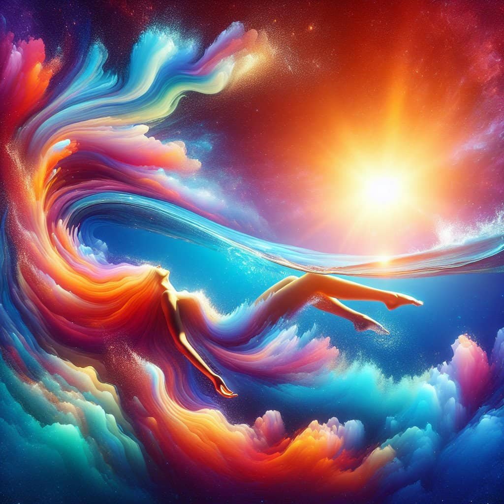 Fargerik kvinne flyter i drømmende univers