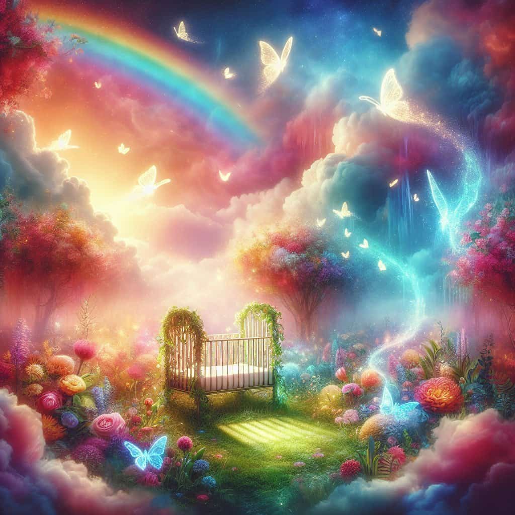 Magisk hage med regnbue og sommerfugler ved solnedgang.