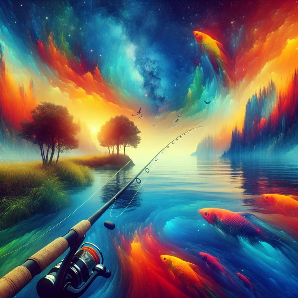 Fargerik fantasi utsikt med fiskestang og fisker