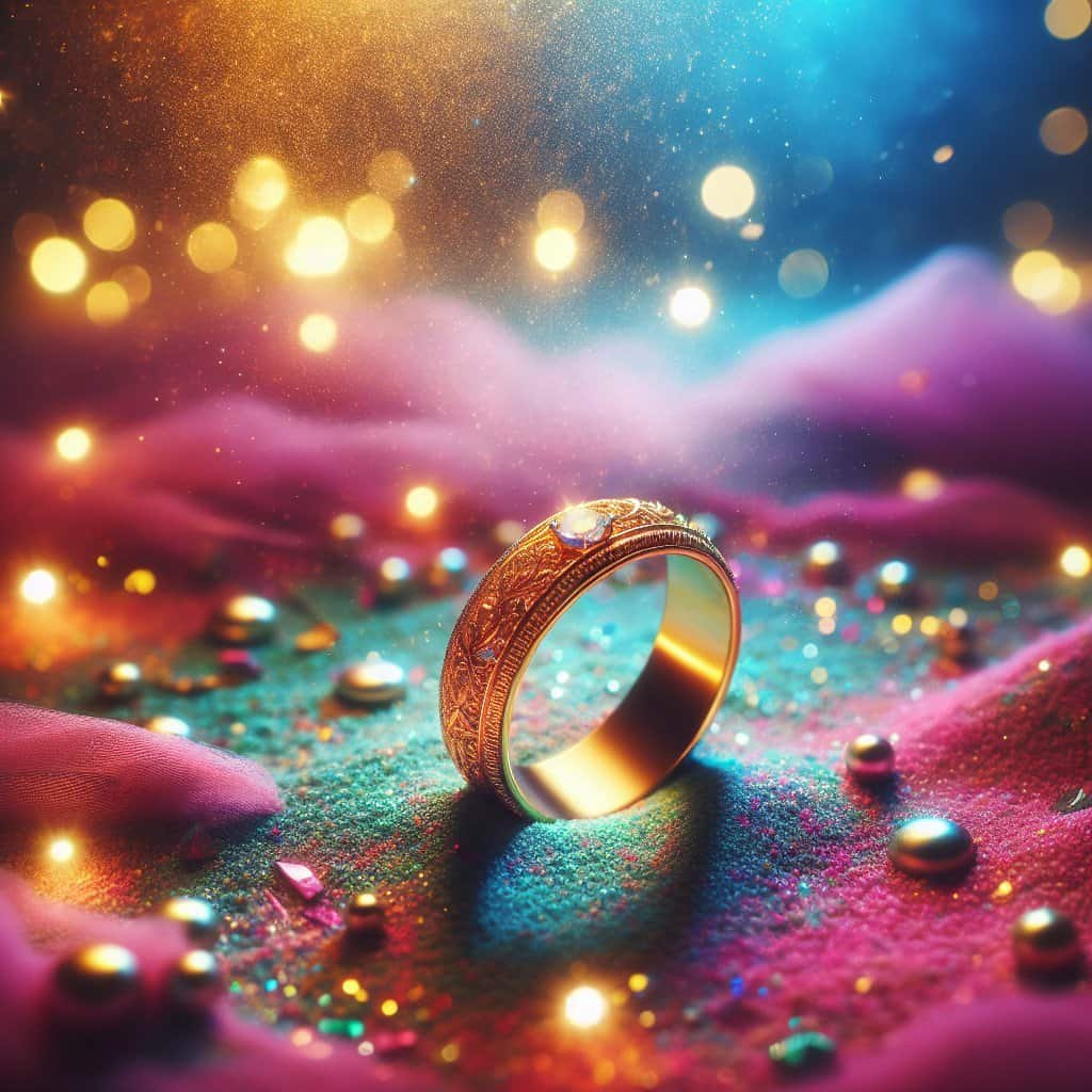 Gullring med juveler på fargerik bakgrunn.
