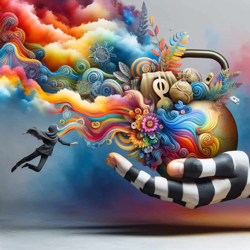 Surrealistisk kunst med regnbuefarger og flygende person.