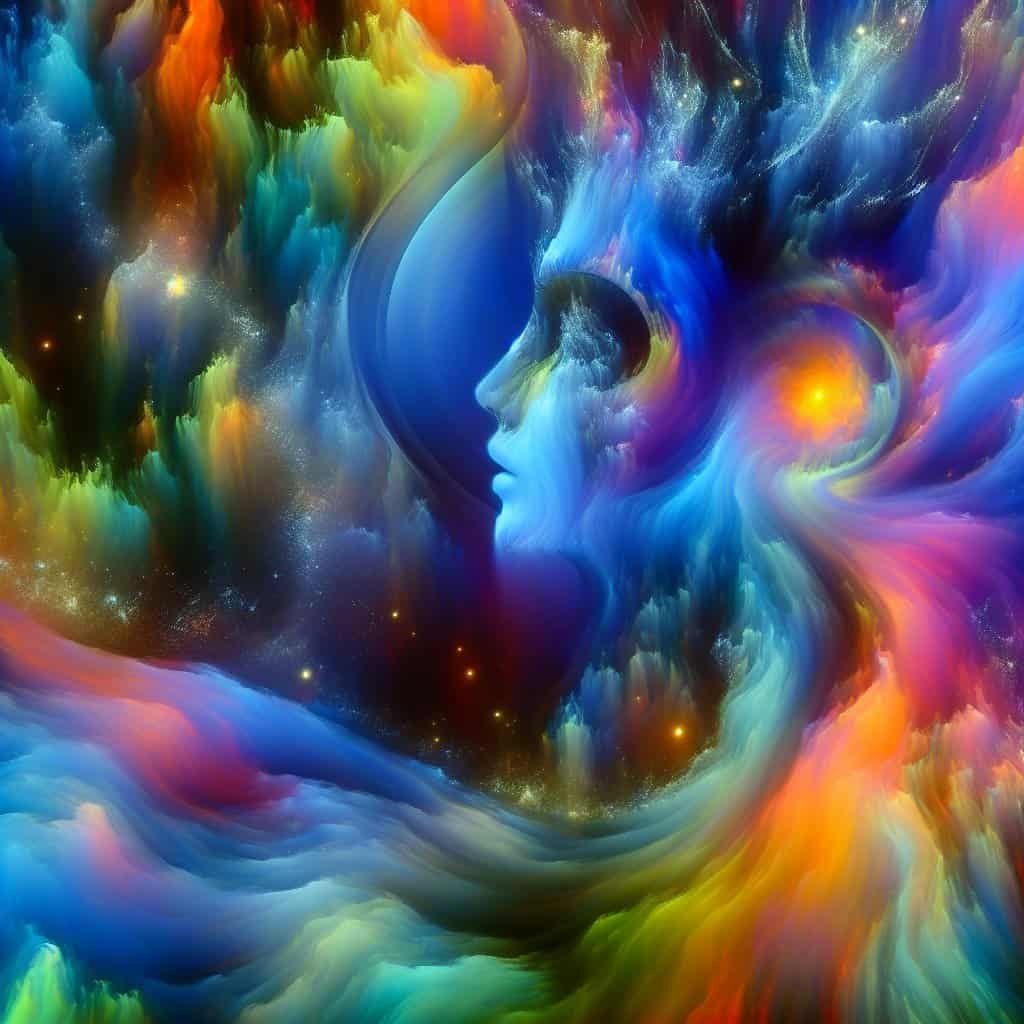 Abstrakt profil i fargerik drømmelandskap.