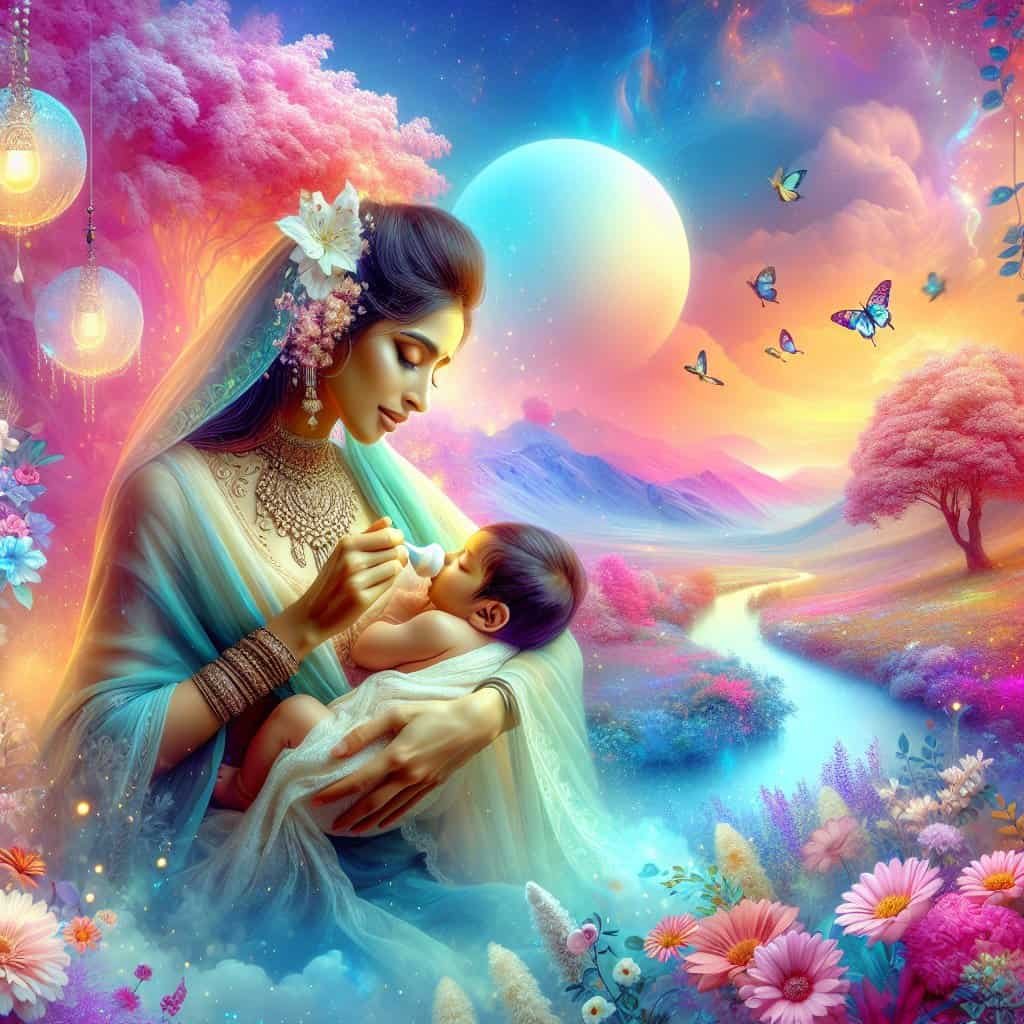 Mor mater baby i magisk landskap med sommerfugler.