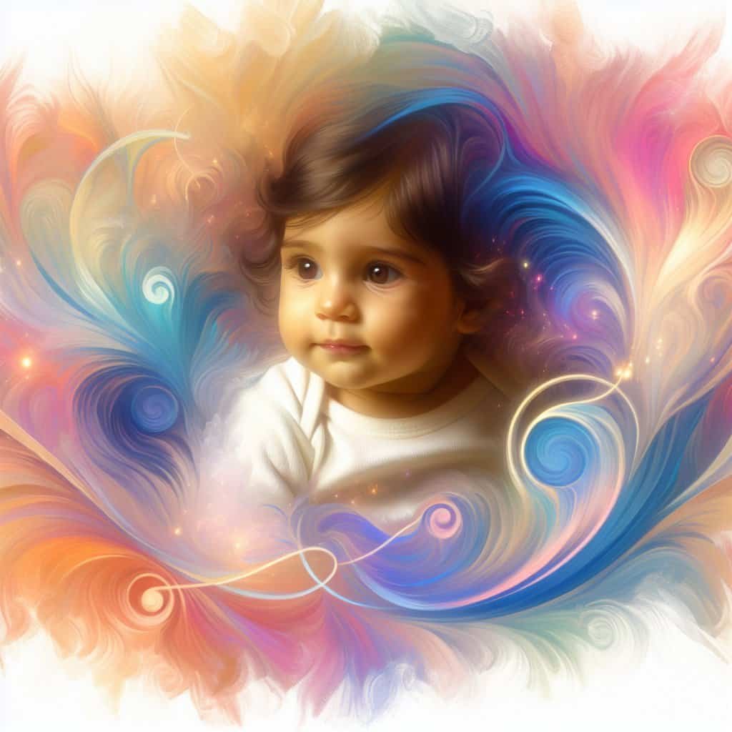 Baby omringet av fargerike, abstrakte virvler