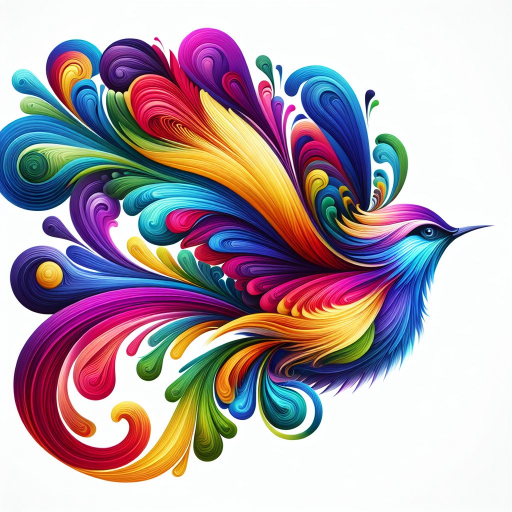 Fargerik, abstrakt illustrasjon av fugl i flukt.