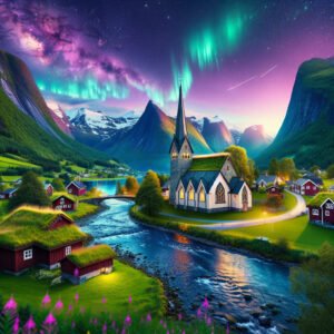 Norsk landskap med kirke og nordlys