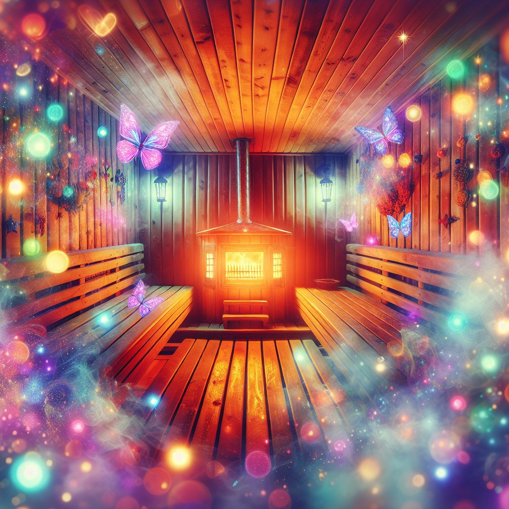 Magisk badstue med fargerike sommerfugler og lys