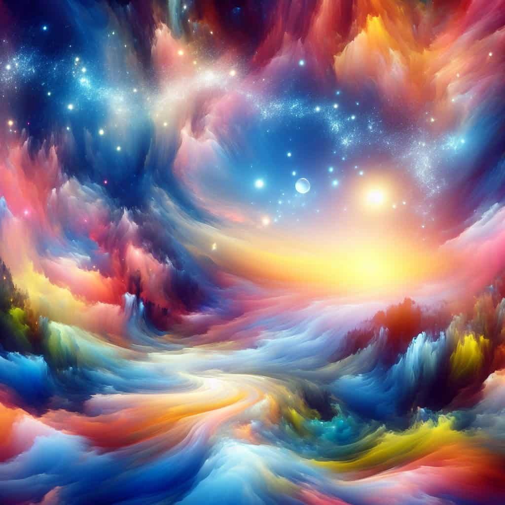 Fargerikt abstrakt kunstverk med stjerner og kosmos