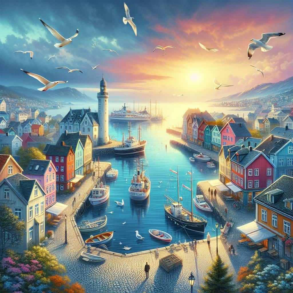 Fargerik norsk kystby ved solnedgang