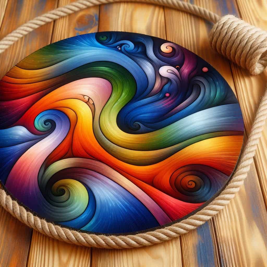 Fargerikt abstrakt kunstverk på trebord med tau.