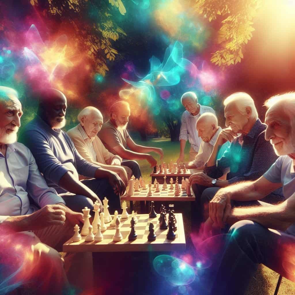 Eldre menn spiller sjakk i parken med magiske lys.