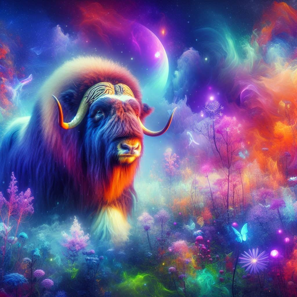 Fargerik muskoks i fantasiverden omgitt av natur