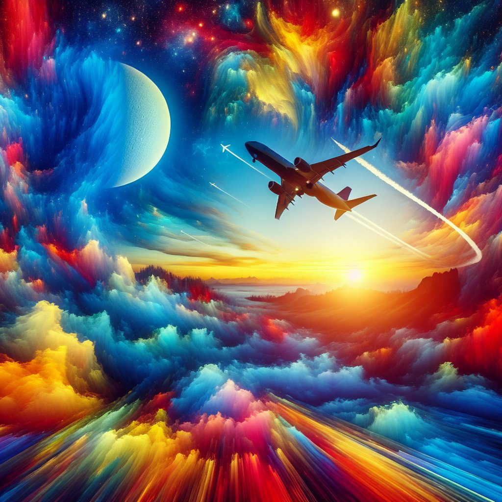 Fly i fargerik, drømmeaktig himmel med soloppgang.