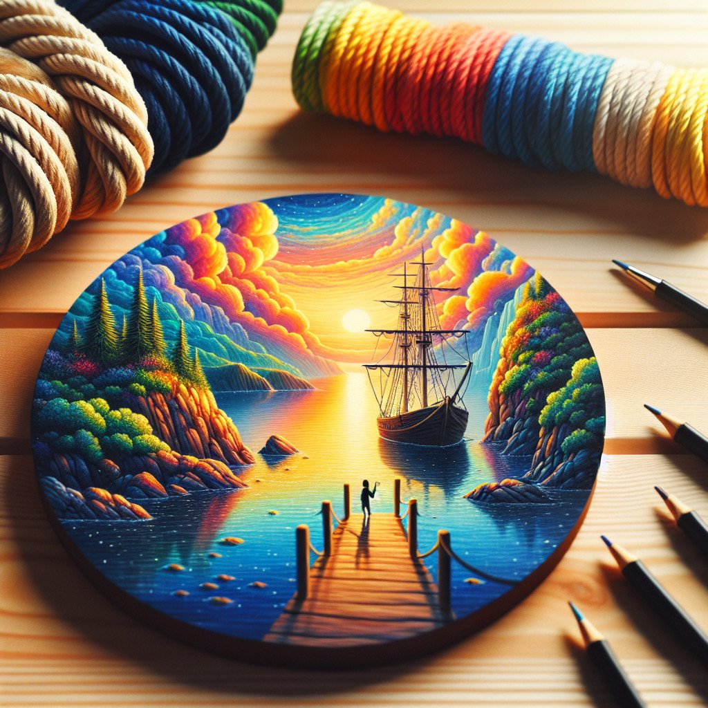 Fargerik maleri av solnedgang ved havn med skip.