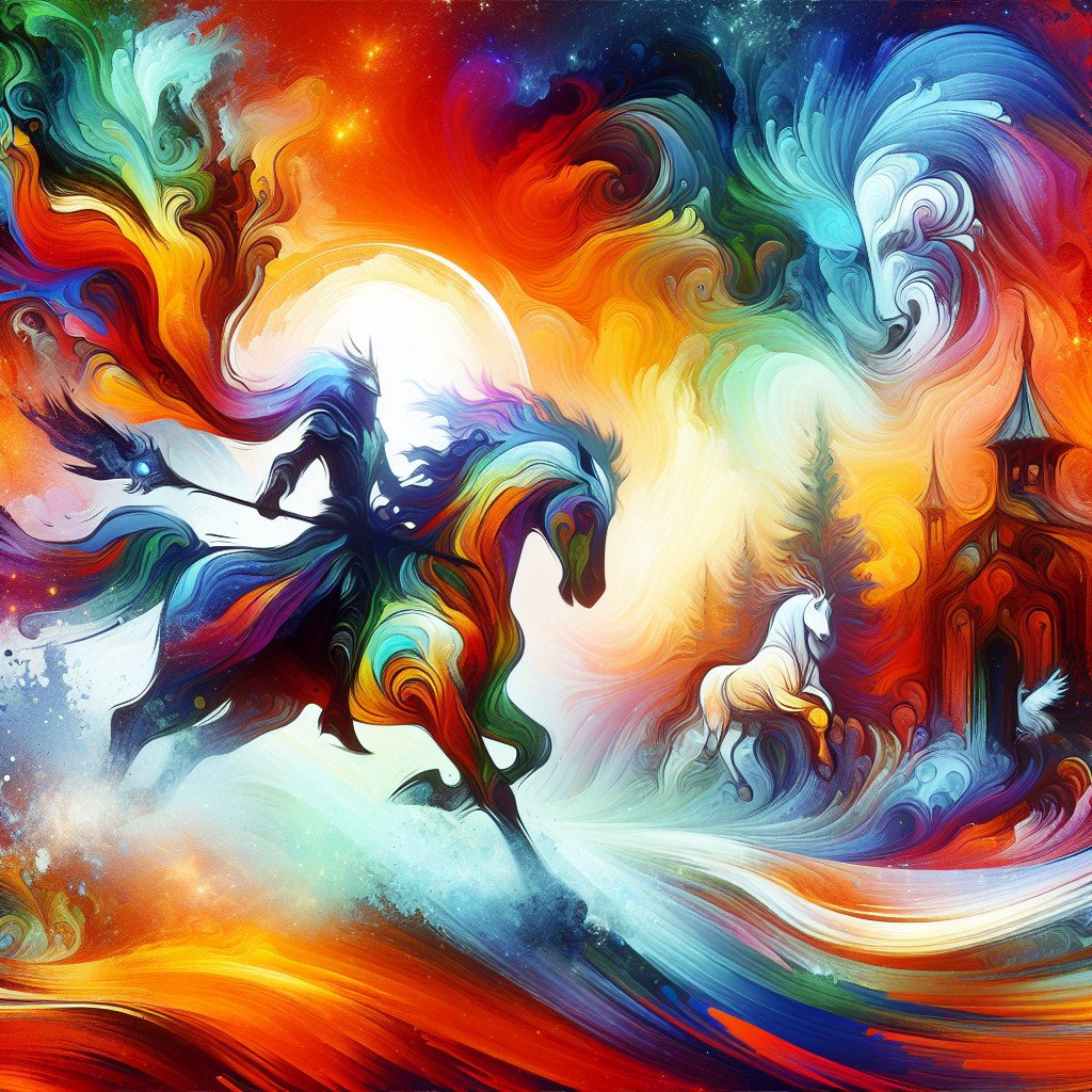 Fargerik rytter på hest i magisk landskap