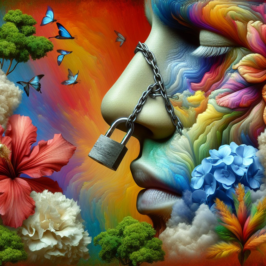 Surrealistisk ansikt med hengelås og blomster