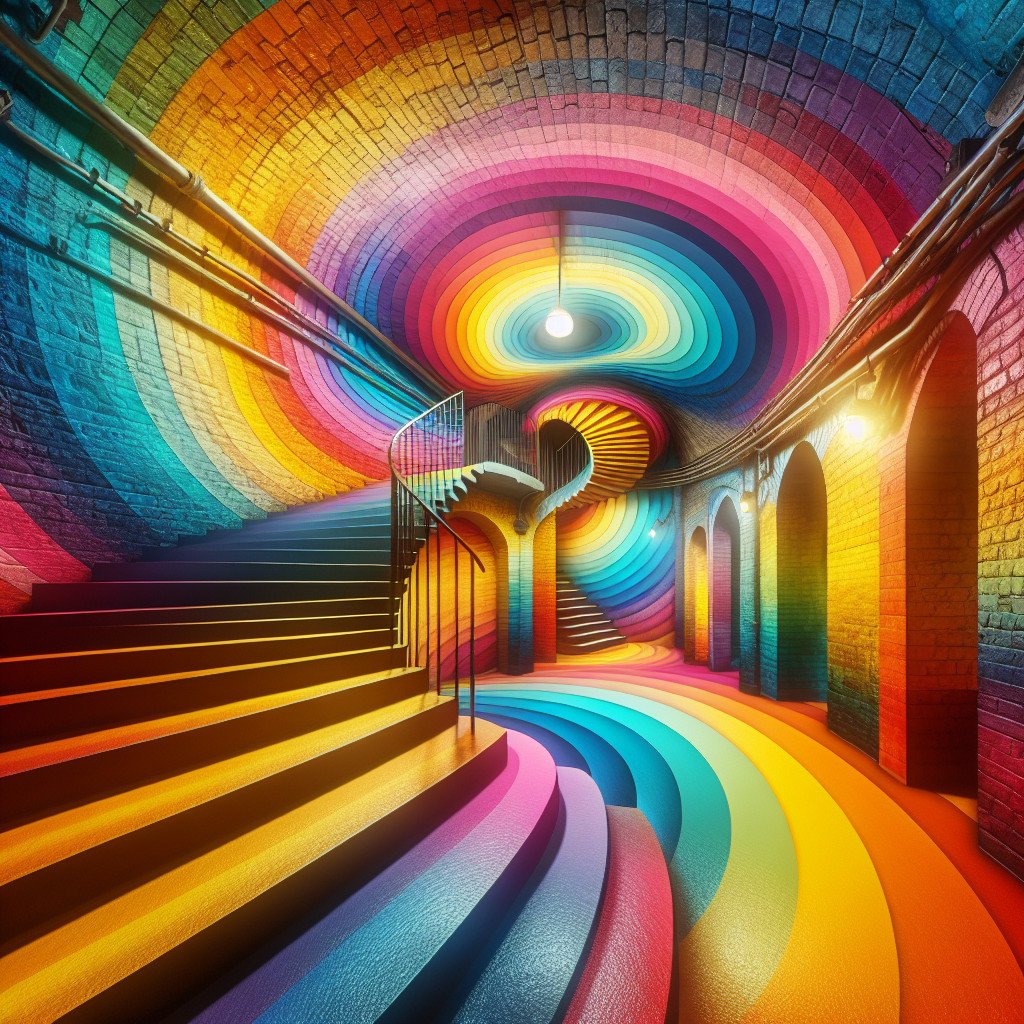 Fargerik, spiralformet trapp med regnbuer i murbygning.