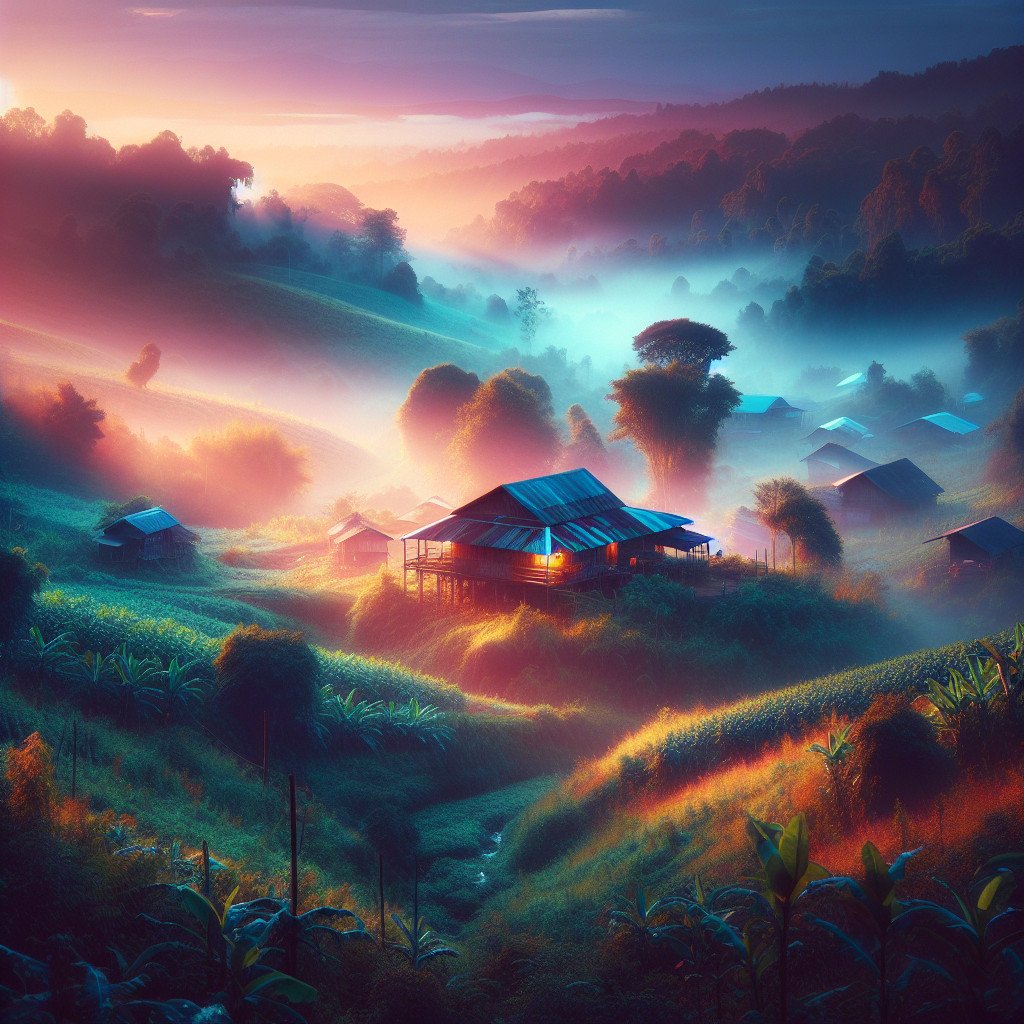 Morgentåke over hytte i grønn, kupert landskap.