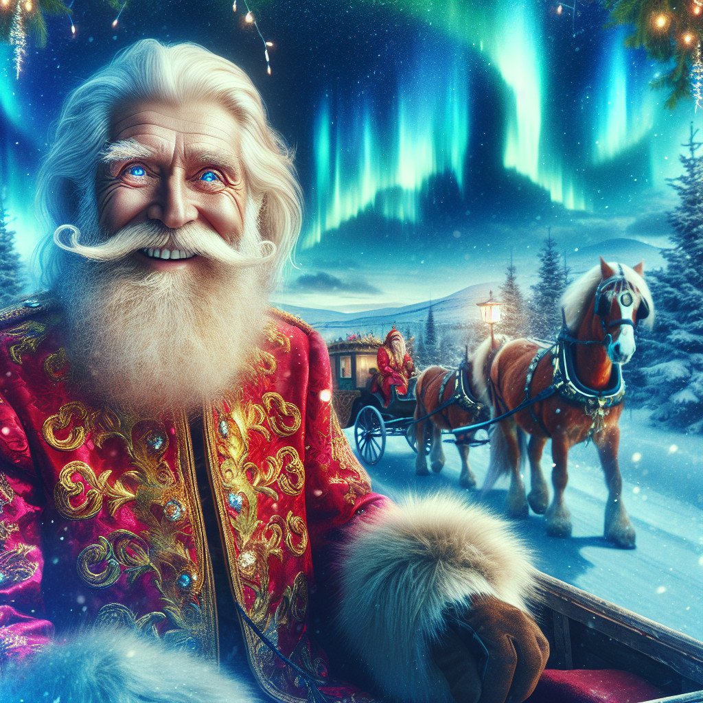 Julemann med reinsdyr, nordlys i bakgrunnen