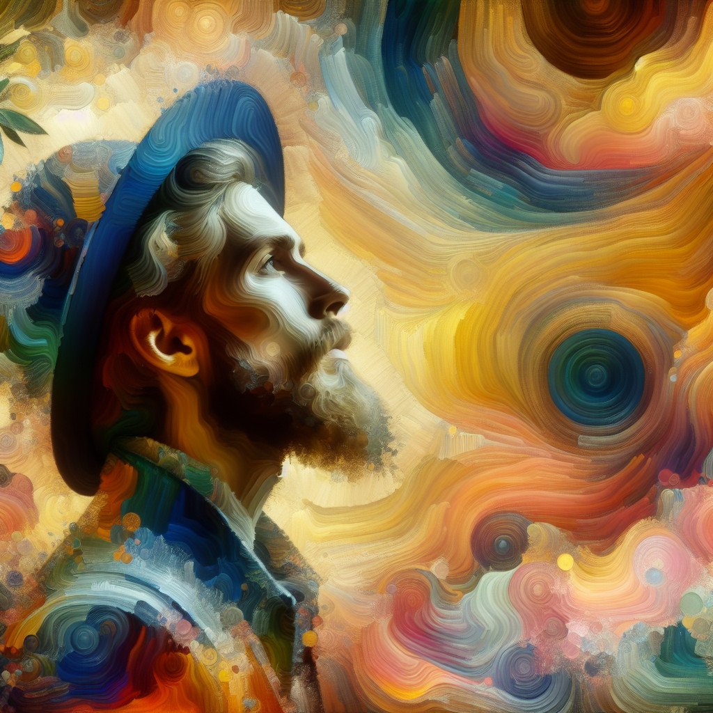 Maleri av mann med hatt i fargerikt landskap.