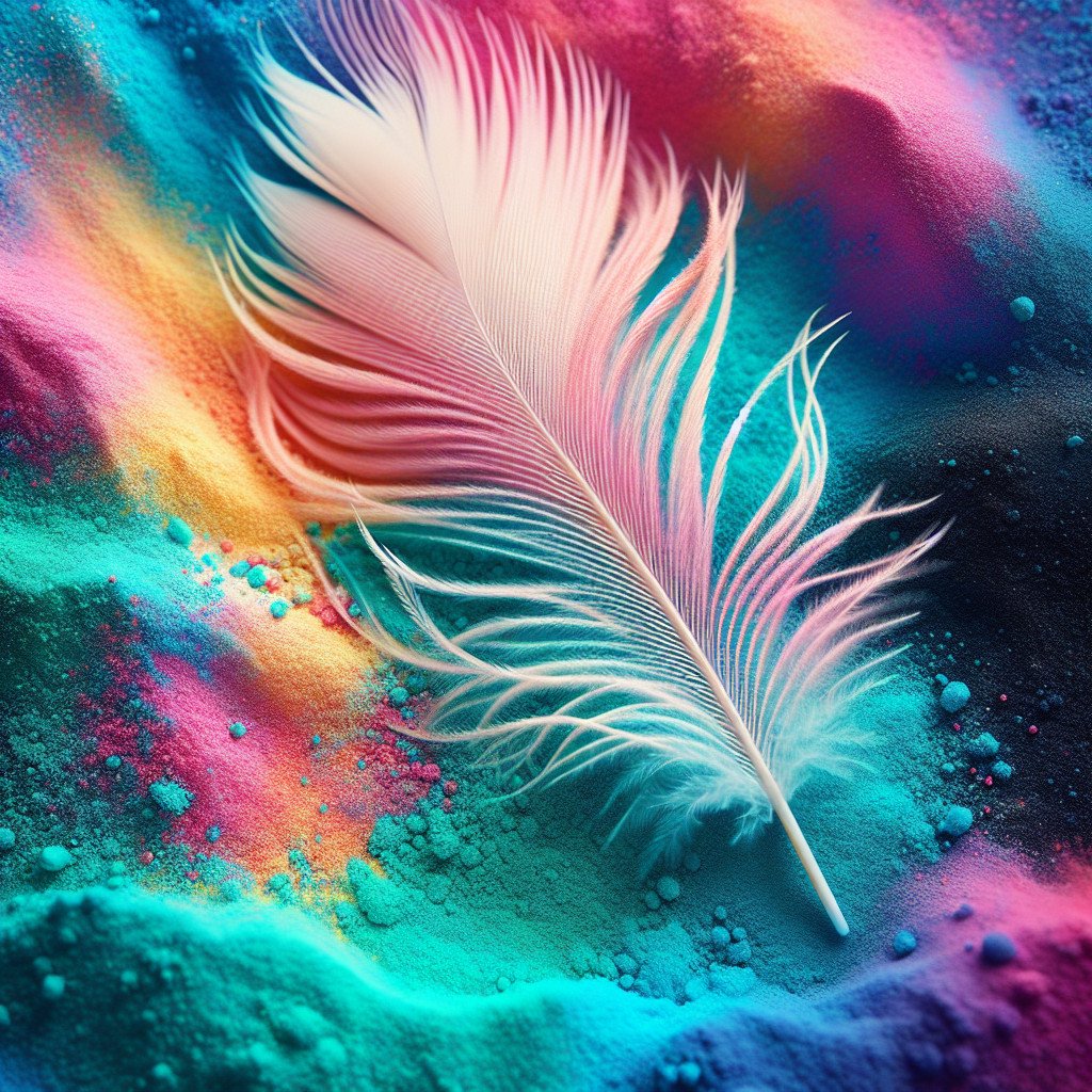 Fjær på fargerikt pulver i pastelltoner.