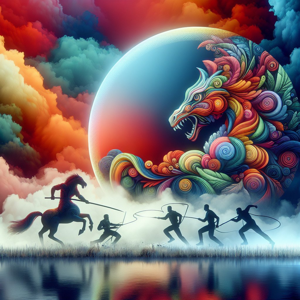 Fargerikt, fantasifullt dragebilde med folk og hest.