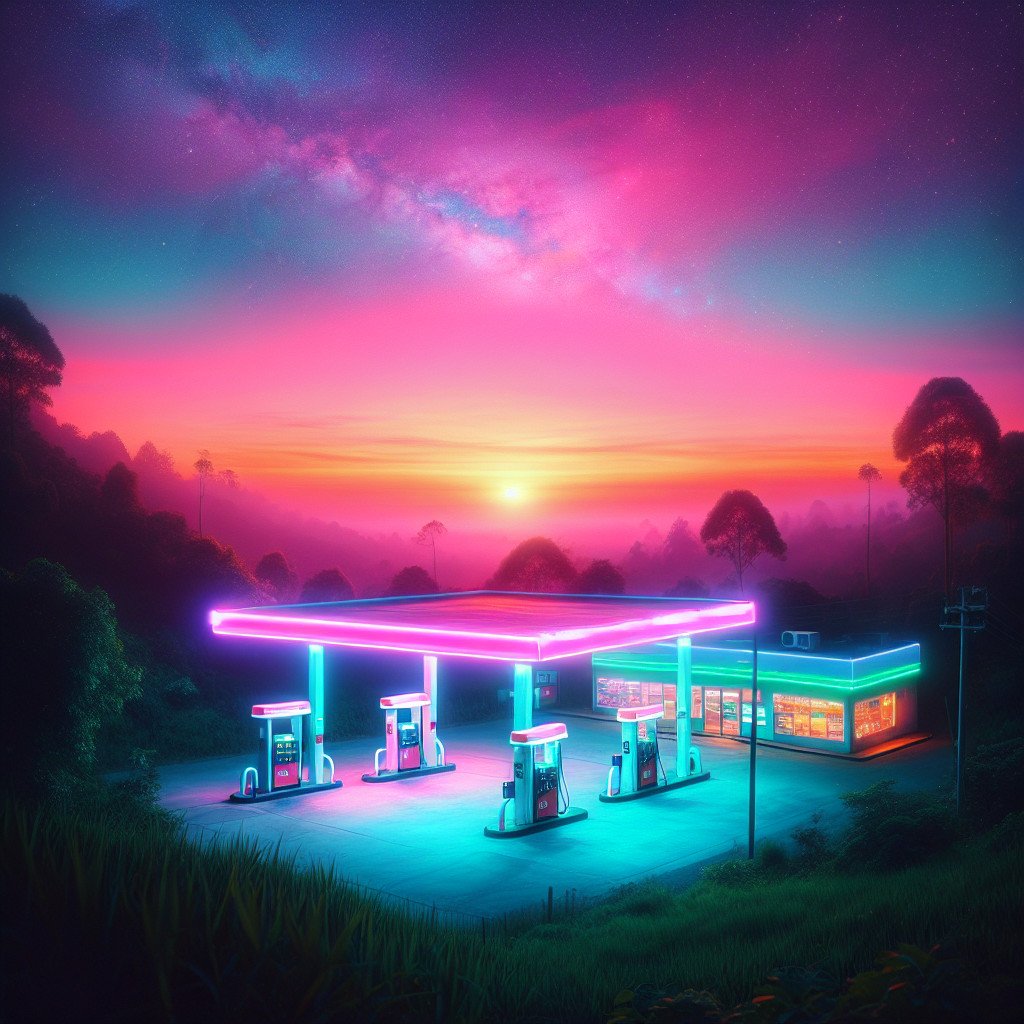 Neonbelyst bensinstasjon ved solnedgang