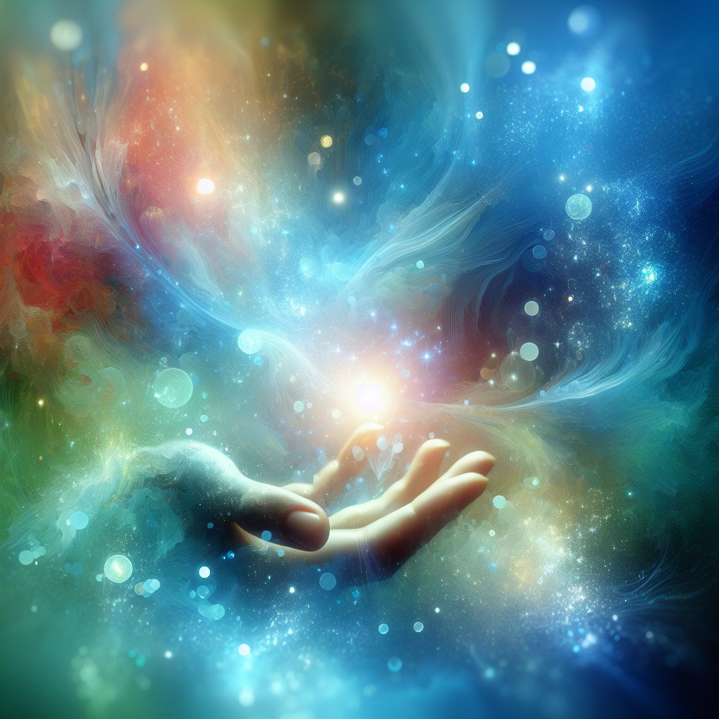 Hånd i kosmisk, fargerik lysskyveri