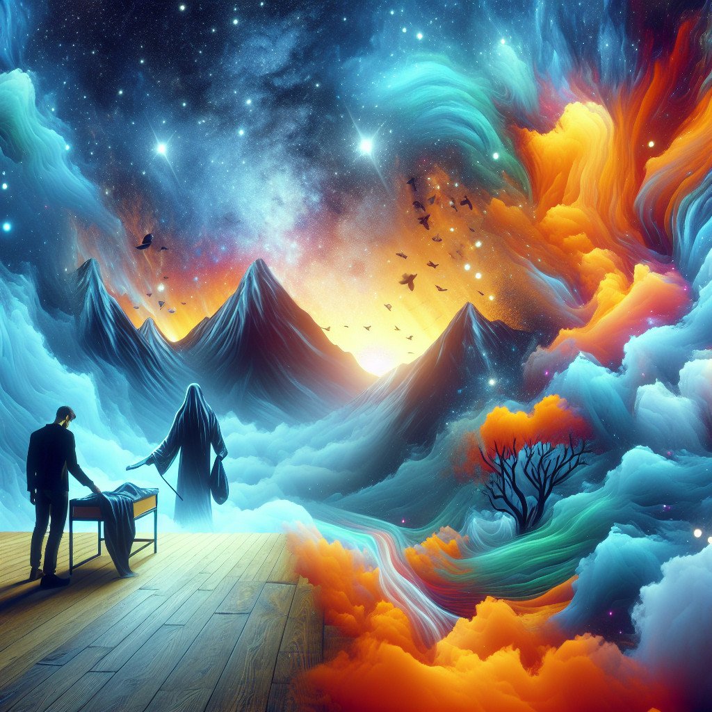 Surreal landskap med fjell, skyer og fargerik himmel.