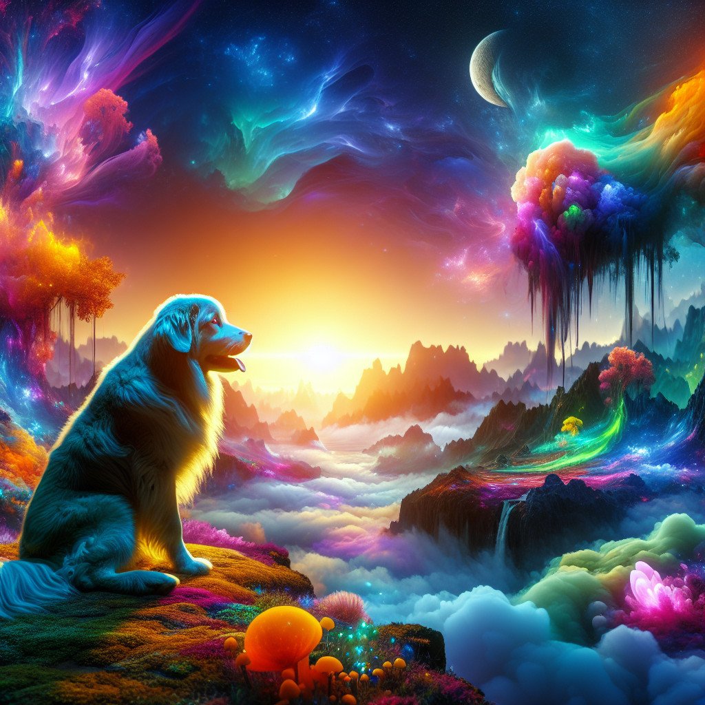 Hund sitter i fargerikt, fantasifullt landskap ved solnedgang.