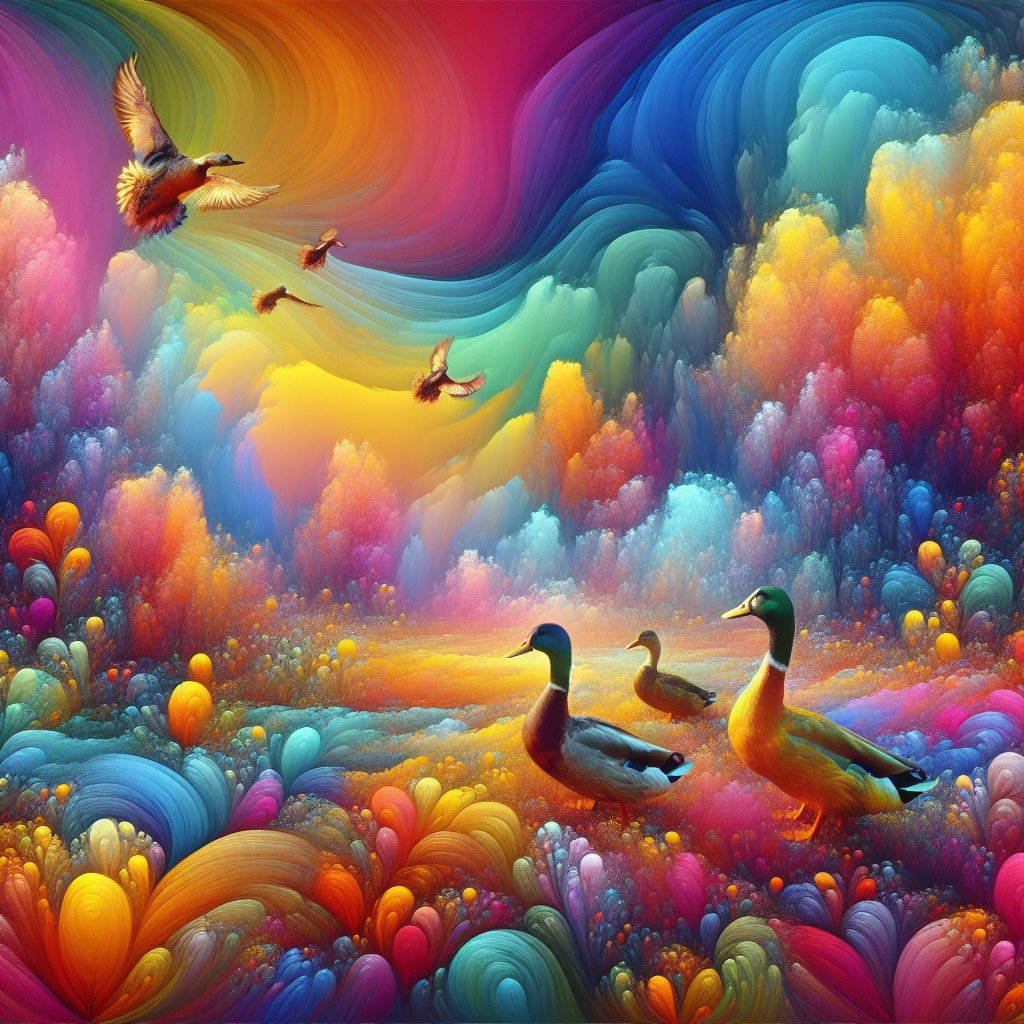 Fargerike ender i surrealistisk natur